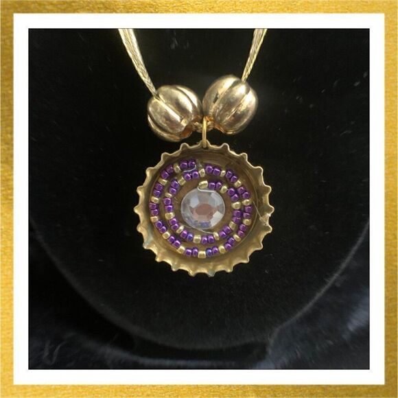 3/$20 Hand Crafted BOTTLE CAP Cabochon RIBBON Gold NECKLACE - Picture 2 of 2